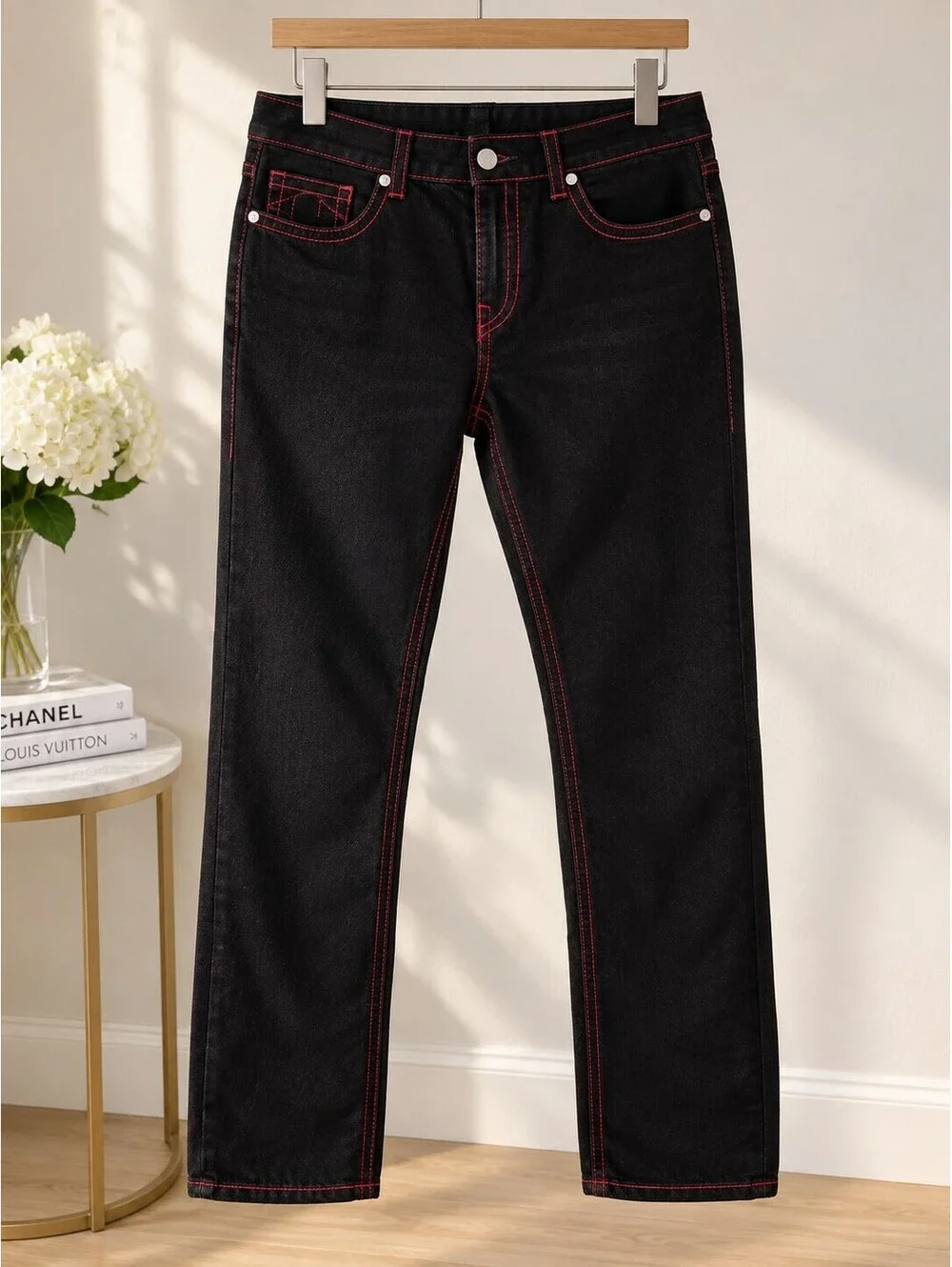 True Religion Ricky Black Jeans with Red Contrast Stitching
